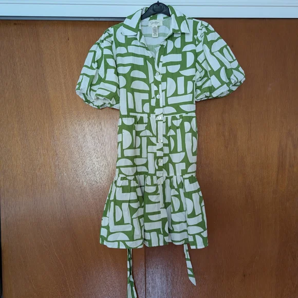 Jessica Simpson Green and White Geo Patterned Mini Summer Button Dress XS - Picture 7 of 9